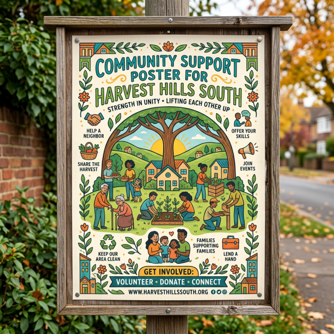 Community support poster for Harvest Hills South promoting volunteerism, donations, and connections