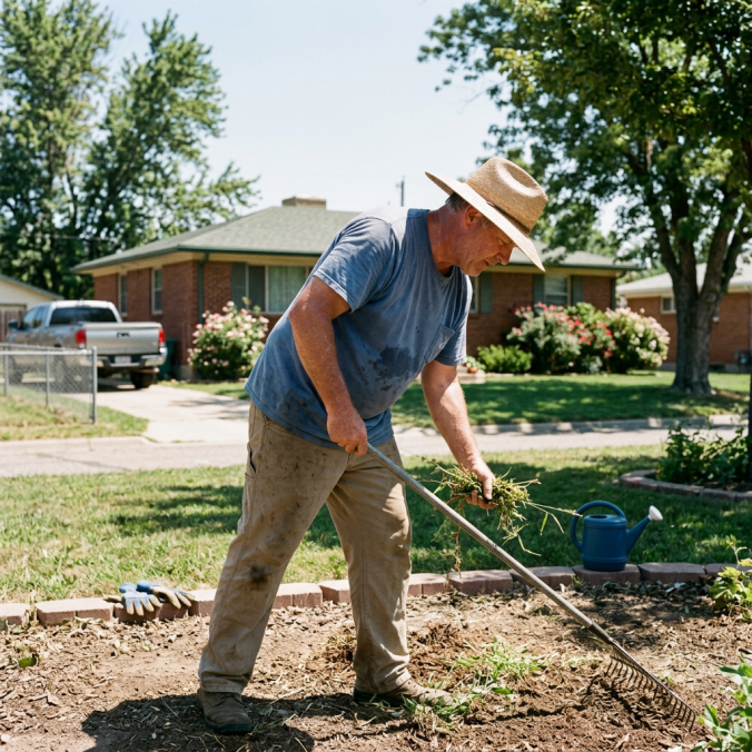 Man in straw hat pulling weeds from garden bed with a rake