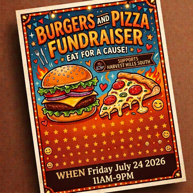 Fundraiser flyer for burgers and pizza event supporting local community projects