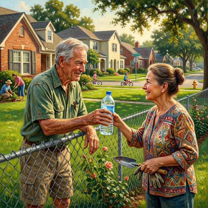 Older man handing water bottle to woman over chain-link fence during gardening